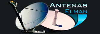 Un logotipo para Antenas Elman muestra dos antenas parabólicas.