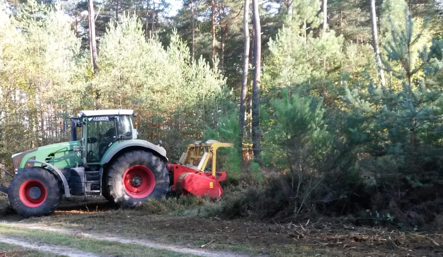 Un tracteur Fendt vert équipé d'un broyeur forestier rouge travaille dans une clairière, à proximité d'un chemin de terre.