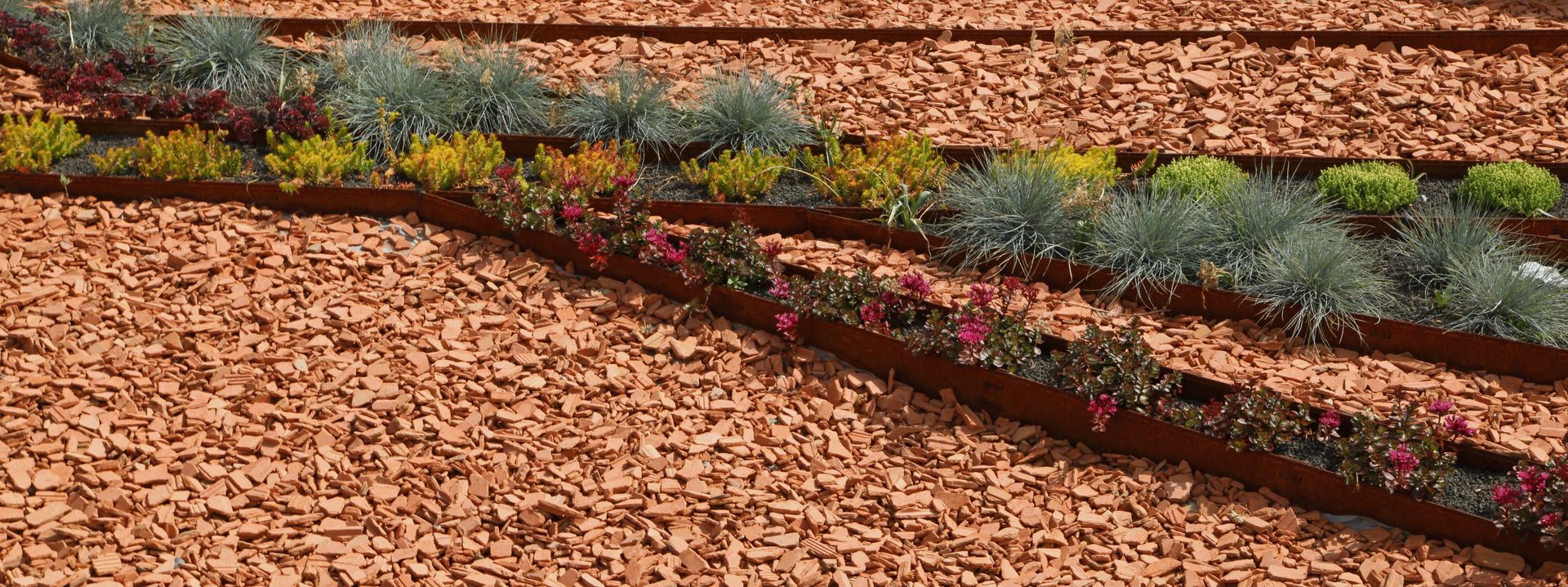 Jardins en terrasses avec diverses plantes à fleurs vertes et roses.
