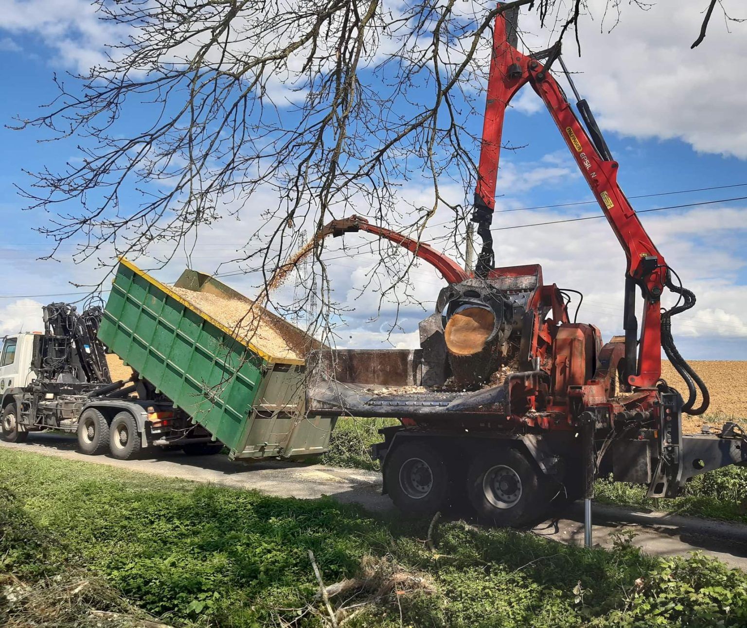 Une déchiqueteuse à bois charge des copeaux de bois dans la benne d'un camion vert en bord de route.