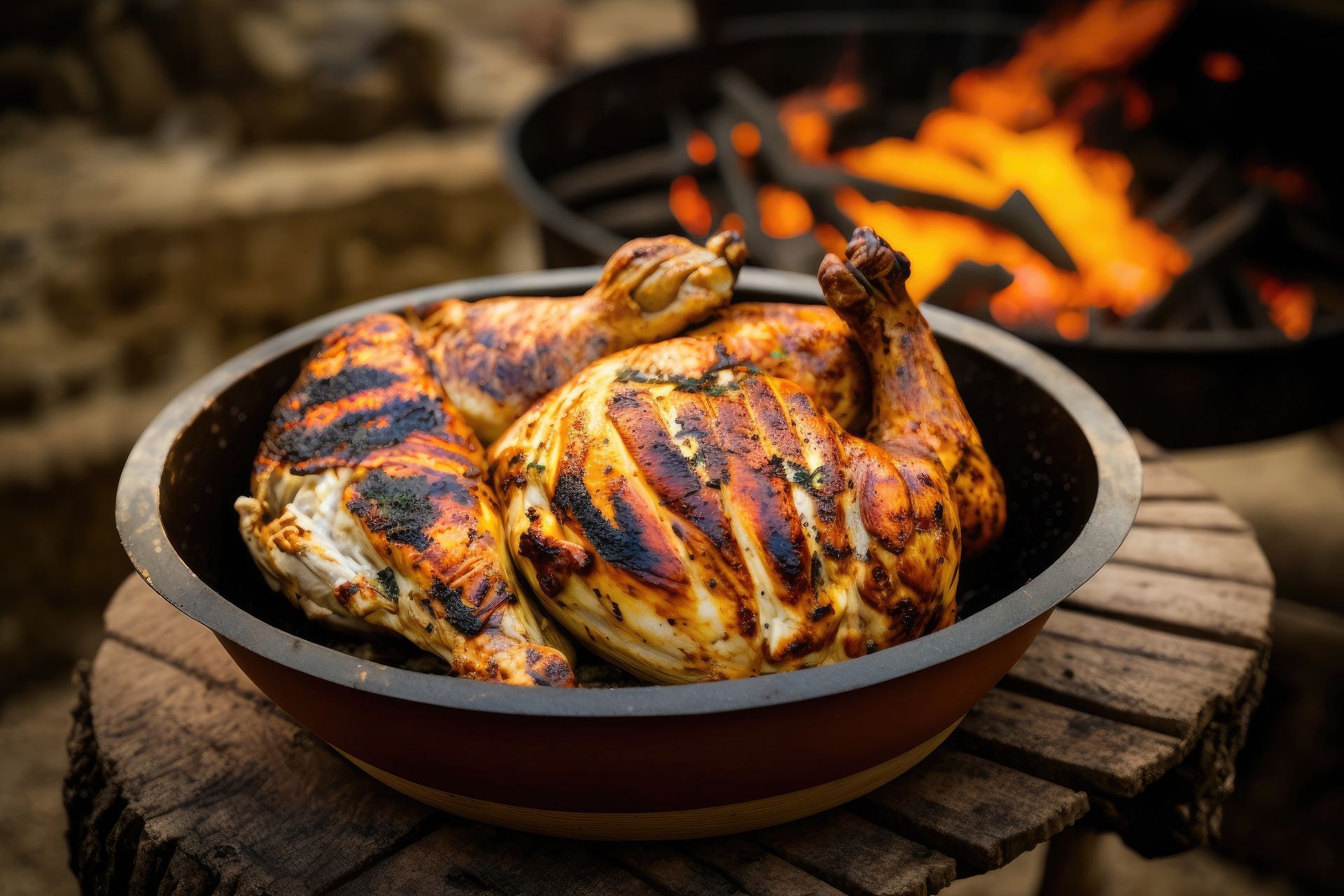 Dos pollos asados ​​en una parrilla, oscuros y ahumados.