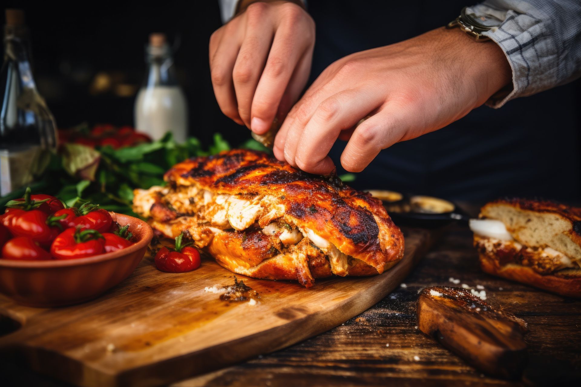Chef preparando un sándwich de pollo a la parrilla sobre una tabla de madera con tomates y verduras.