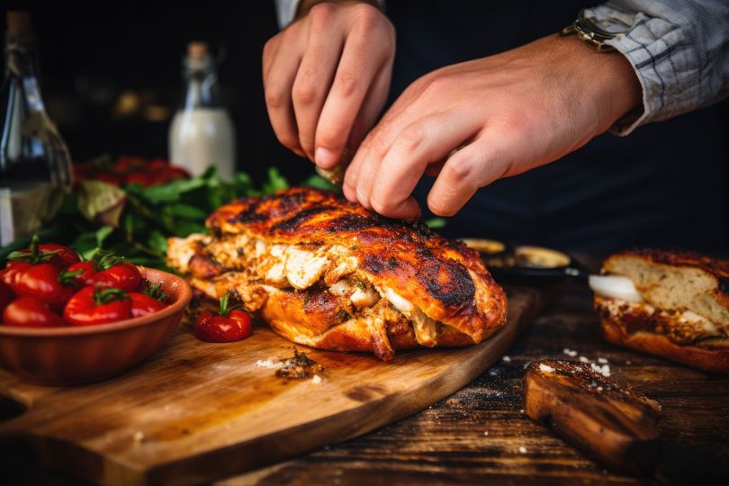 Chef preparando un sándwich de pollo a la parrilla sobre una tabla de madera con tomates y verduras.