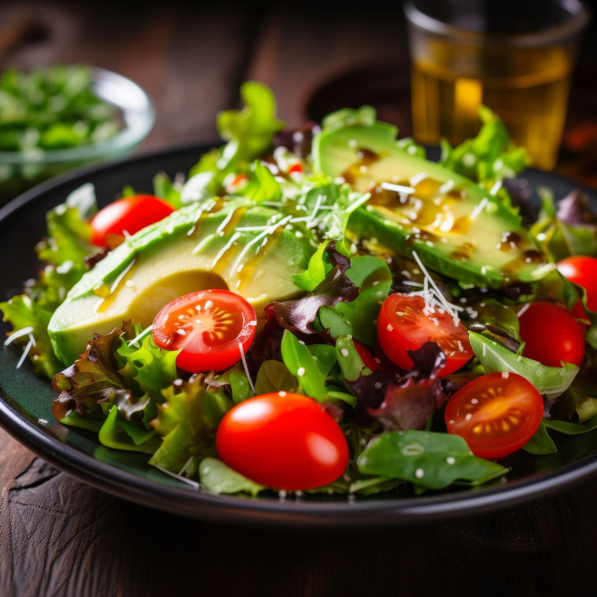 Ensalada con aguacate, tomates cherry y verduras mixtas en un recipiente oscuro; un vaso de líquido en el fondo.