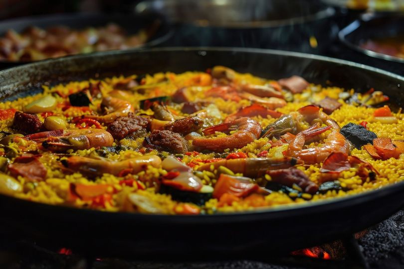 Paella en sartén grande, arroz amarillo con camarones, chorizo ​​y verduras.