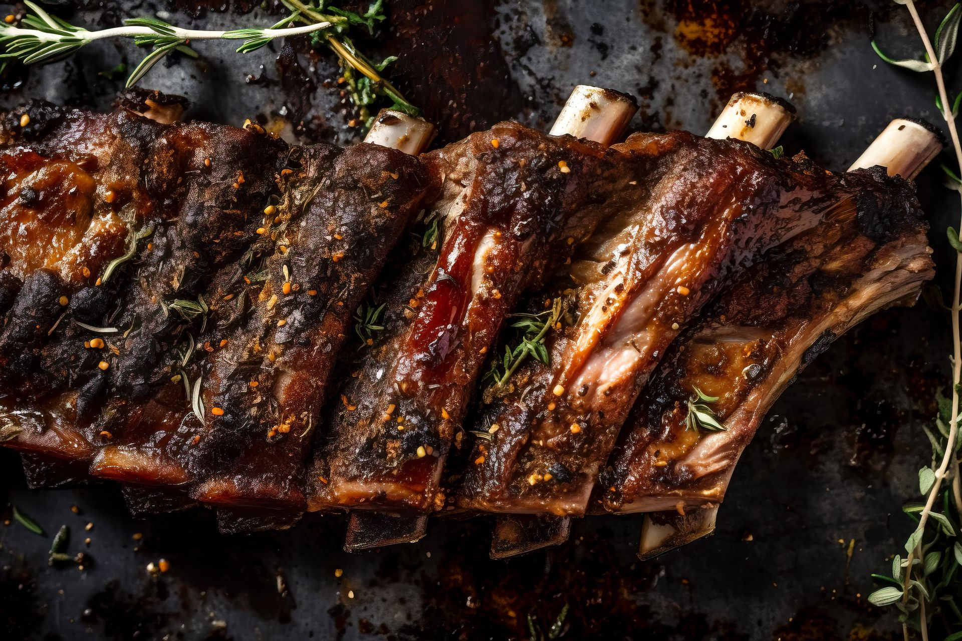 Costillas cocidas en bandeja oscura, condimentadas con hierbas.