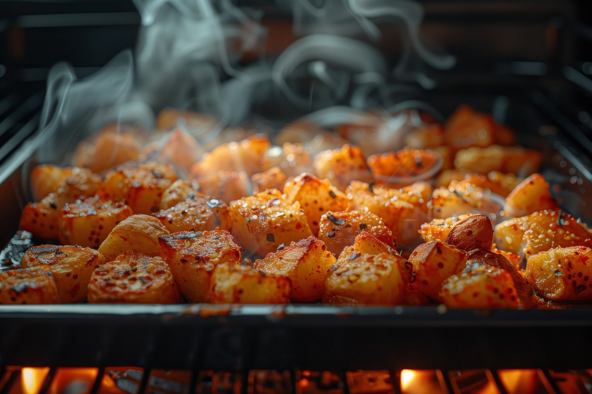 Patatas doradas asadas en una parrilla con vapor elevándose; primer plano.