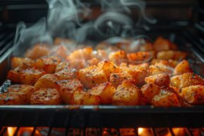 Patatas doradas asadas en una parrilla con vapor elevándose; primer plano.