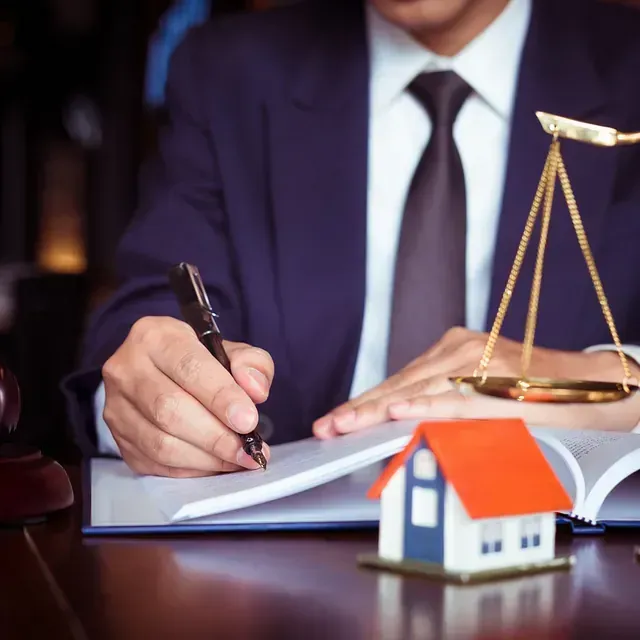 Abogado con traje escribiendo en un escritorio con balanza, maqueta de una casa y libro.
