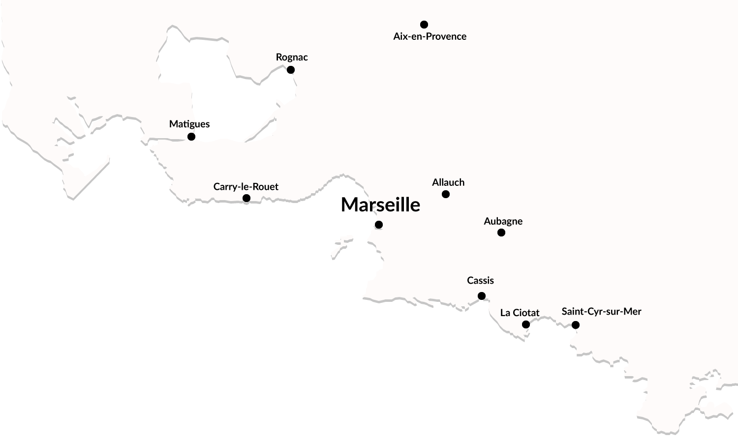 Carte personnalisée de la zone d'intervention autour de Marseille.