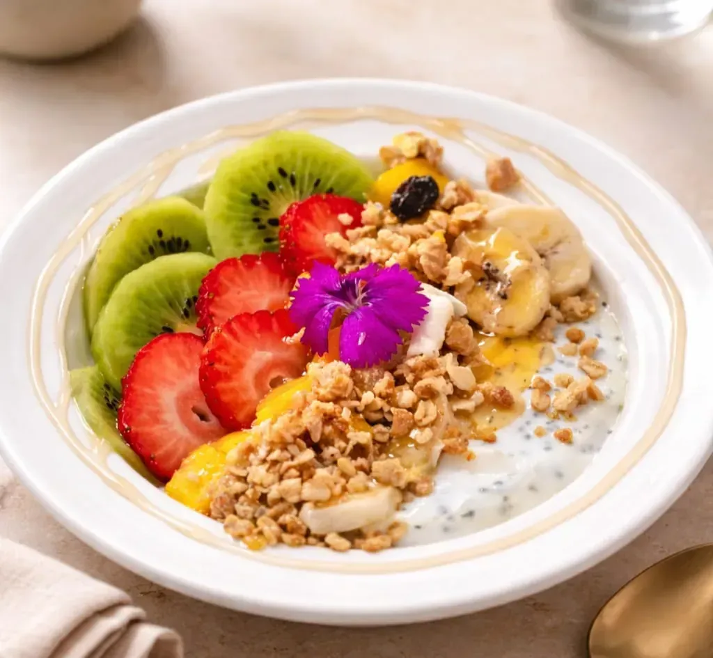 Bol de yogur con frutas y granola, kiwi, fresas, plátano y decoración de flores comestibles.