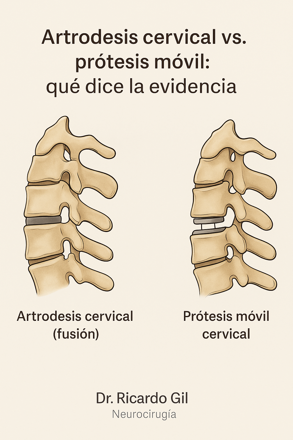 Diagrama comparativo de la fusión cervical (izquierda) y el reemplazo de disco cervical (derecha). Ambos muestran la columna cervical con implantes. Texto en español.