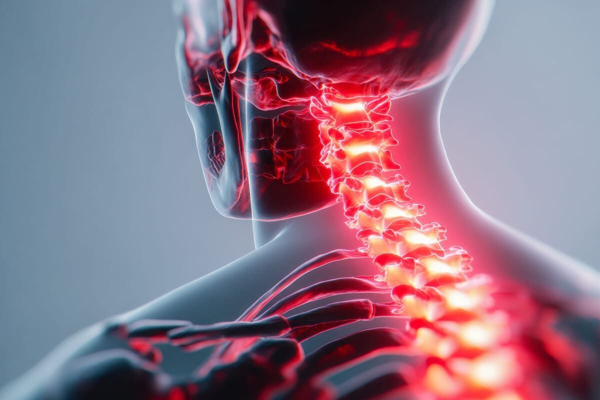 Ilustración médica en primer plano de un cuello y columna vertebral de color rojo brillante, con silueta de hombro y cabeza.