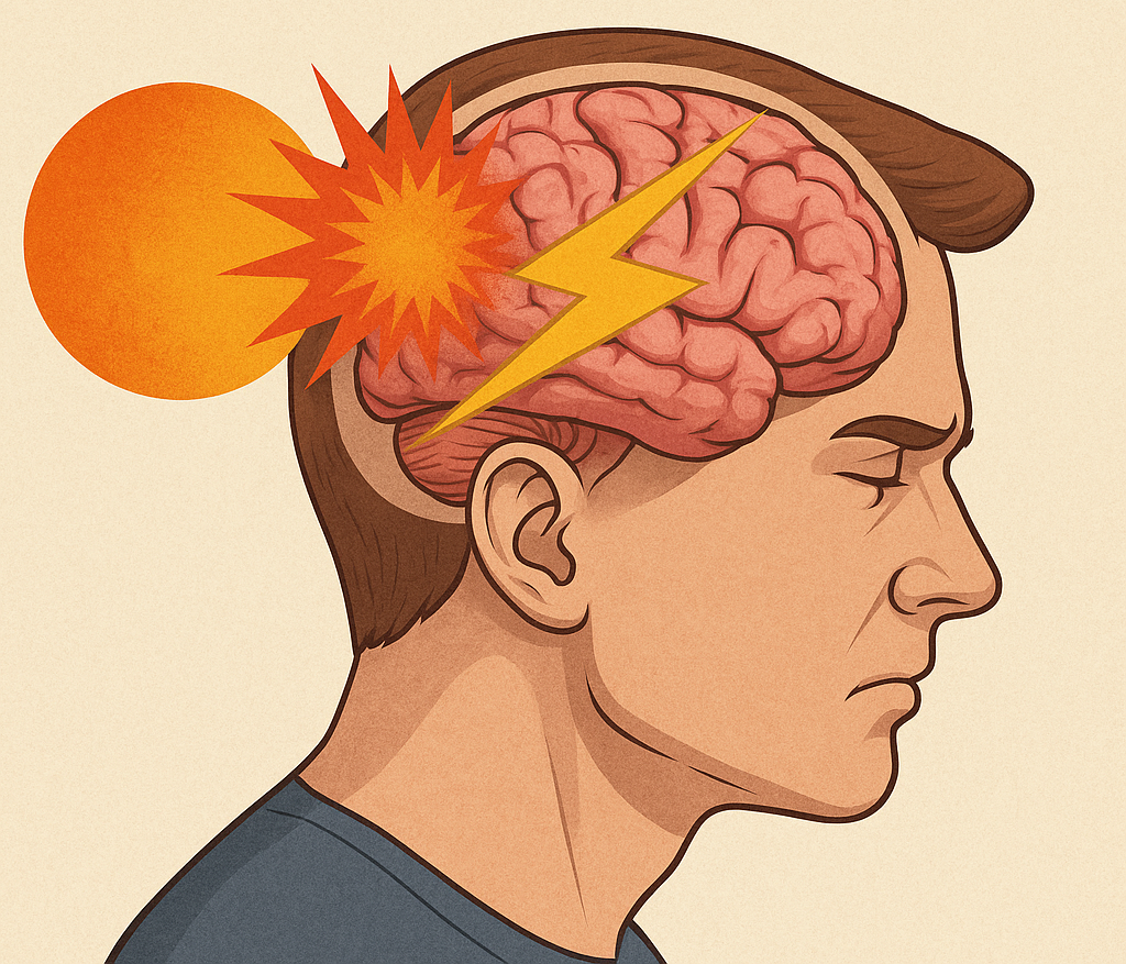 Persona con dolor de cabeza, rayos de sol y relámpagos sobre el cerebro, ilustrando dolor de cabeza.