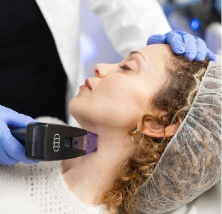 Una mujer está recibiendo un tratamiento con láser en el cuello.