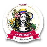 Logotipo para La Patrona Bar Restaurante con una mujer con un sombrero colorido, flores y un marco circular dorado.