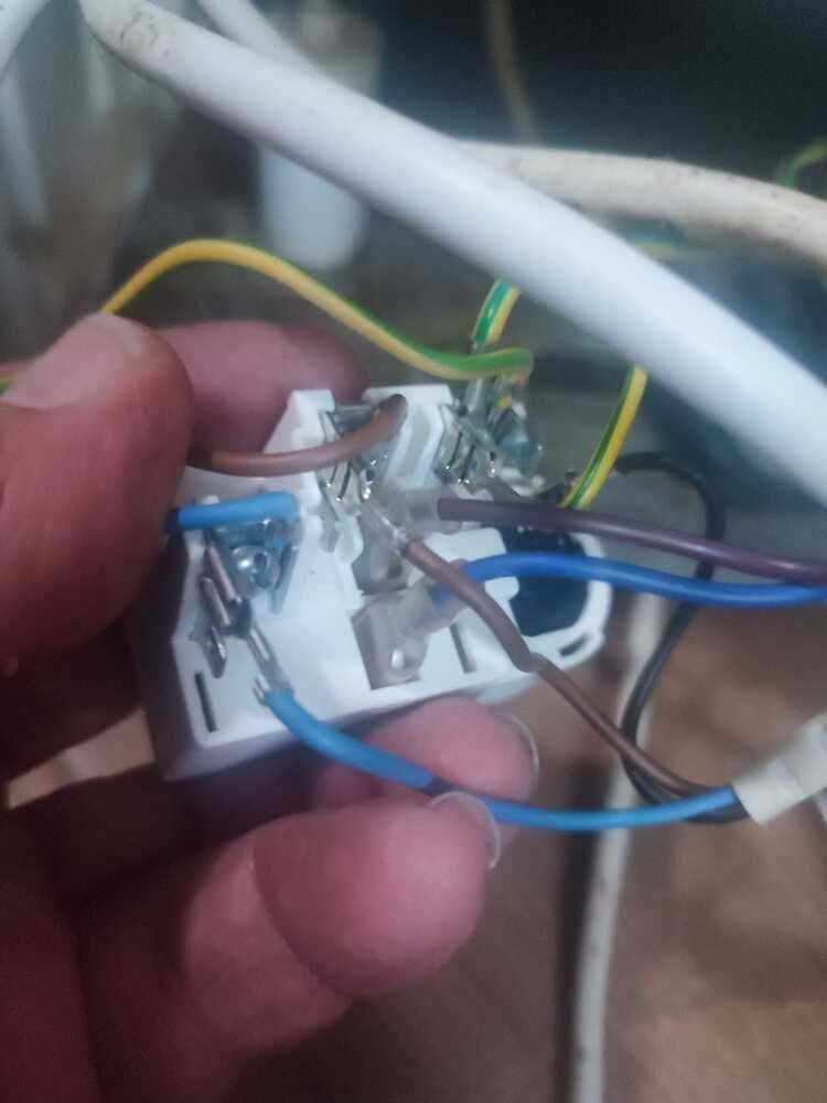 Primer plano de una mano que sostiene cables eléctricos expuestos de color azul, marrón y verde/amarillo.