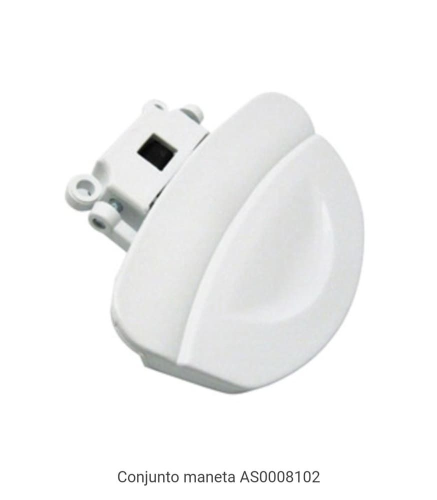 Manilla de puerta de plástico blanco con soporte de montaje plateado sobre fondo blanco.