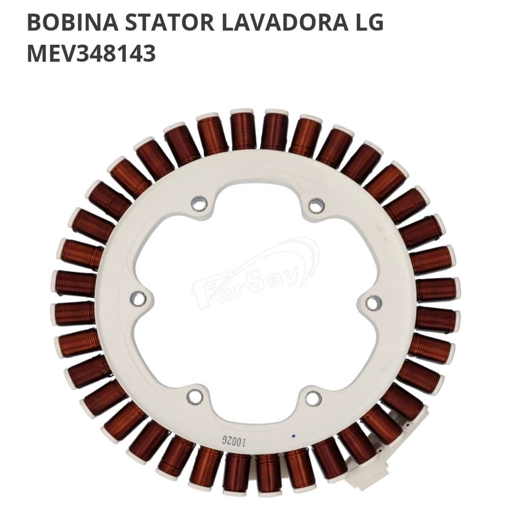 Bobina del estator de una lavadora LG, bobinado circular de cobre con la etiqueta MEV348143, sobre fondo blanco.