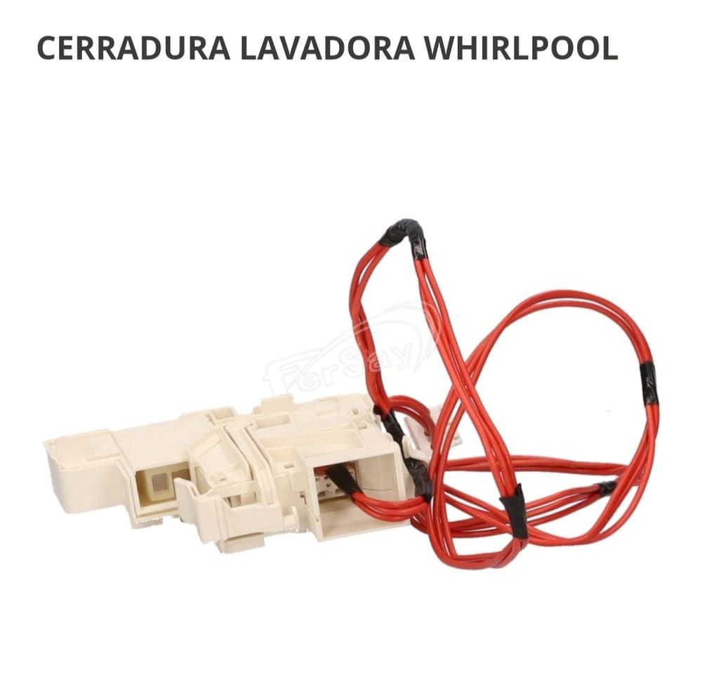 Conjunto de cerradura de puerta de lavadora Whirlpool con cableado rojo sobre fondo blanco