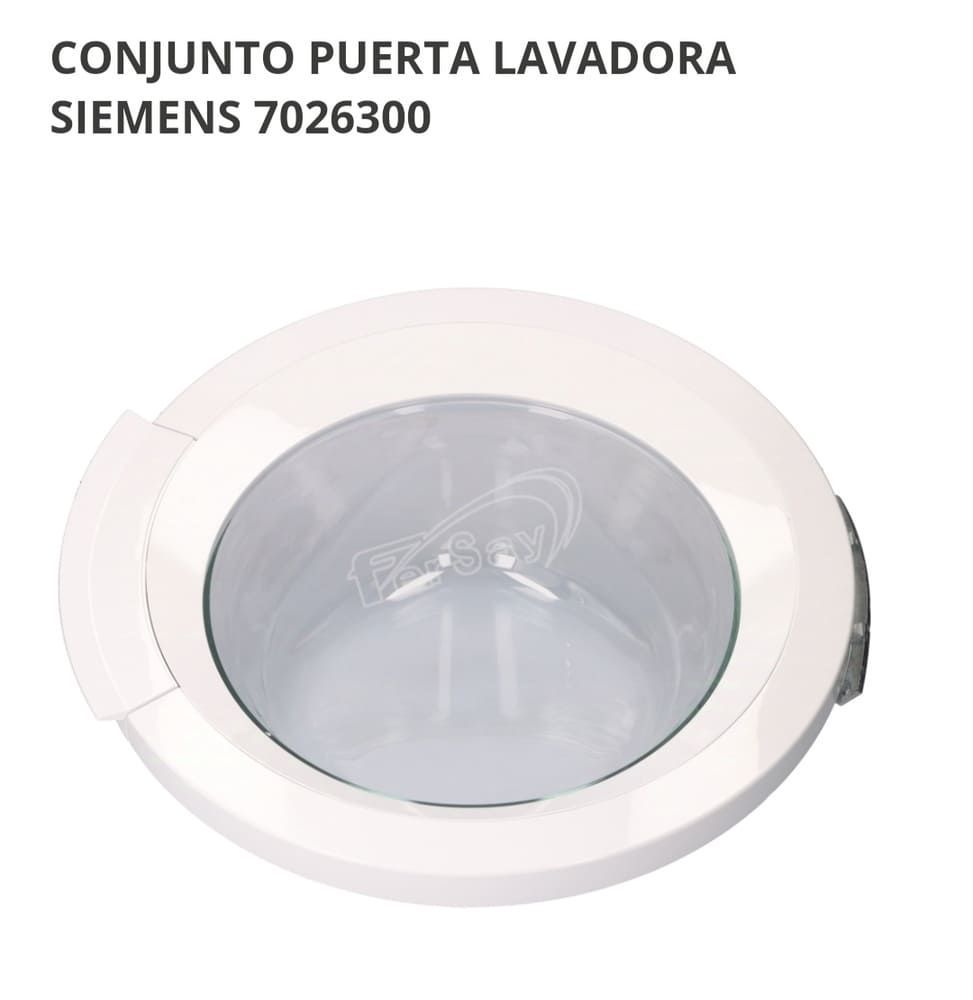Conjunto de puerta para lavadora Siemens, frontal circular blanco con ventana de cristal.