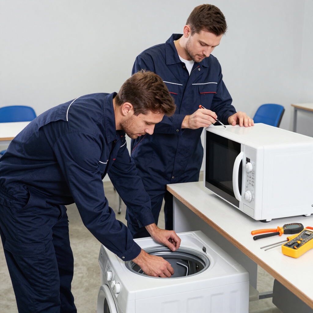 Dos técnicos reparando una lavadora junto a un microondas en un banco de trabajo.