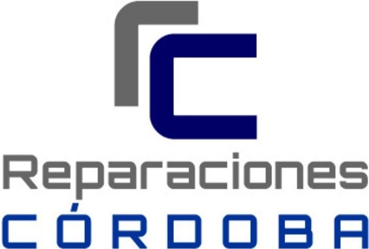 Logotipo de Reparaciones Córdoba con las iniciales “RC” abstractas en gris y azul sobre el nombre de la empresa.