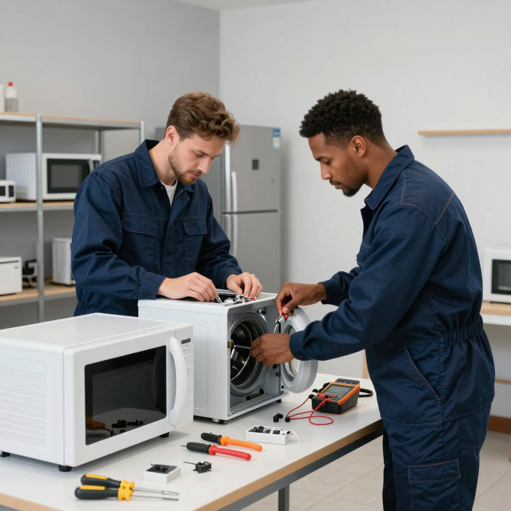 Dos técnicos con monos azules reparan un microondas en un banco de trabajo en un taller.