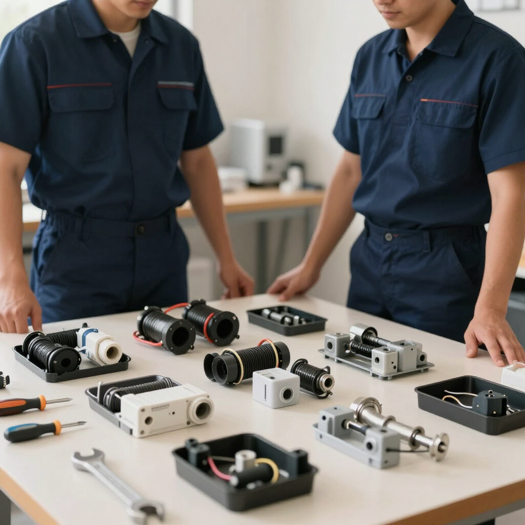 Dos técnicos inspeccionan pequeños componentes industriales sobre una mesa de trabajo en un taller.