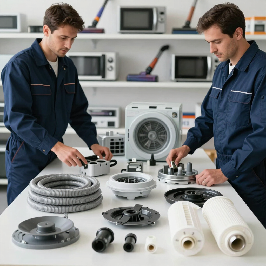 Dos técnicos con uniformes azules inspeccionan piezas de electrodomésticos en un banco de trabajo en un taller de reparación.