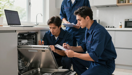 Técnicos con uniformes azules inspeccionan un lavavajillas abierto en una cocina luminosa, con un ordenador portátil cerca.