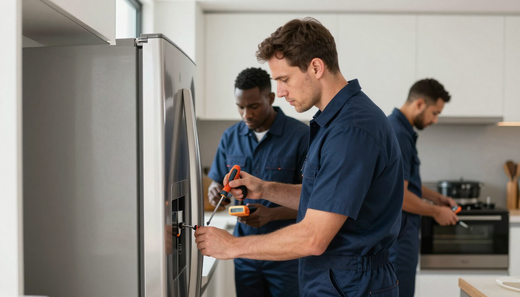 Tres técnicos con uniformes azules trabajando en un refrigerador en una cocina.