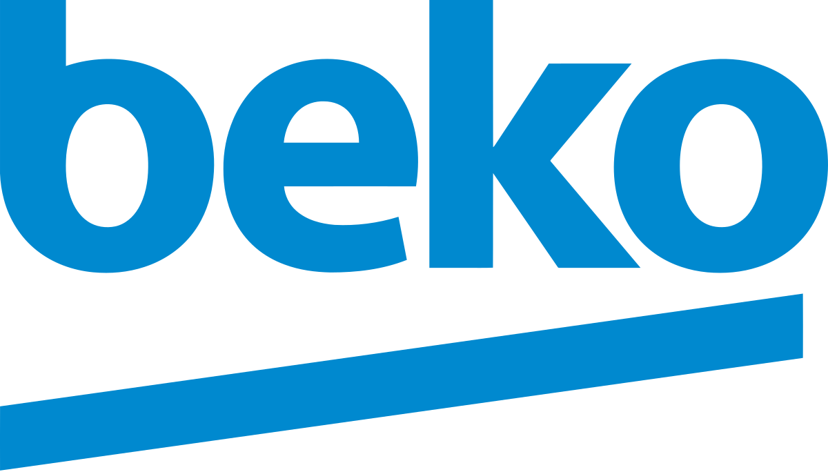 Logotipo azul de Beko con un subrayado inclinado sobre fondo blanco.