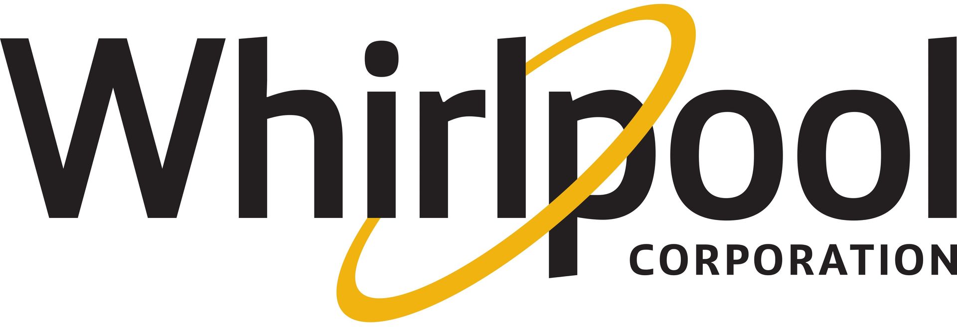 Logotipo de Whirlpool Corporation en texto negro con una franja amarilla sobre el nombre de la marca.