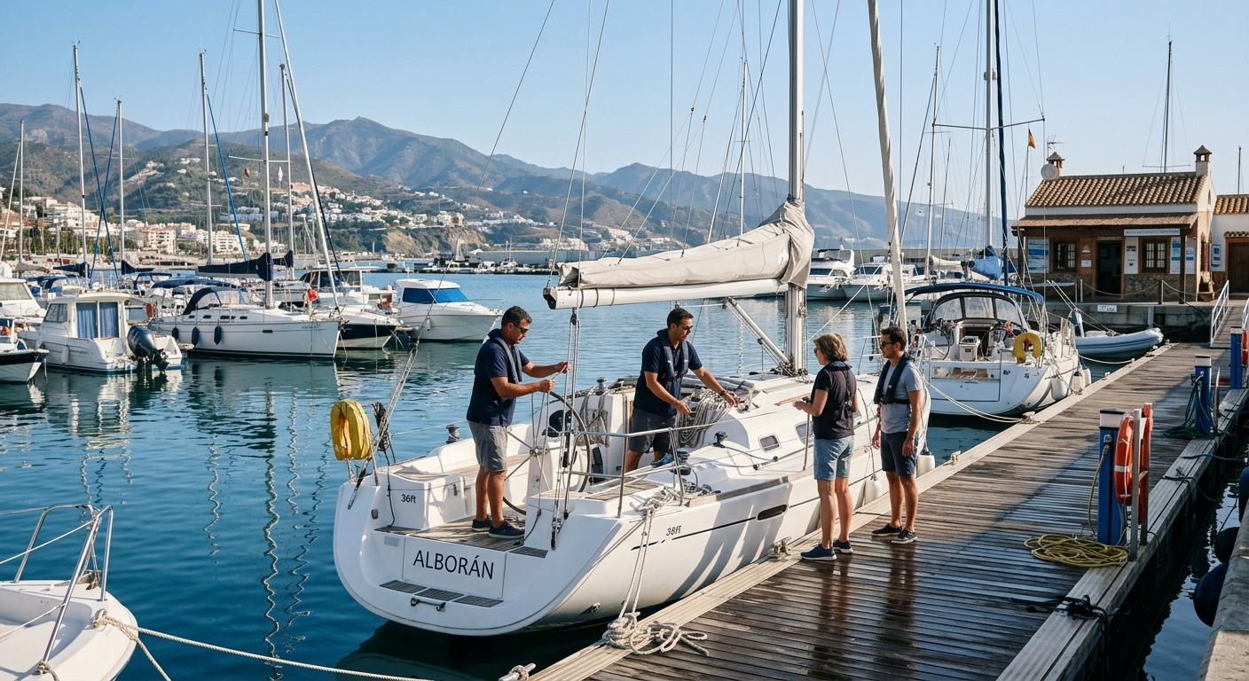 Sailboat docked at a marina with two people aboard, blue water, and mountains in the background