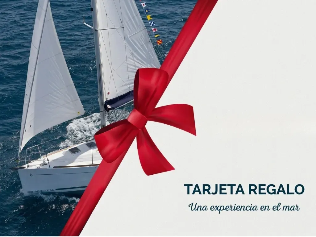 Tarjeta regalo con velero en el mar y lazo rojo sobre fondo blanco; texto “TARJETA REGALO” y “Una experiencia en el mar”.