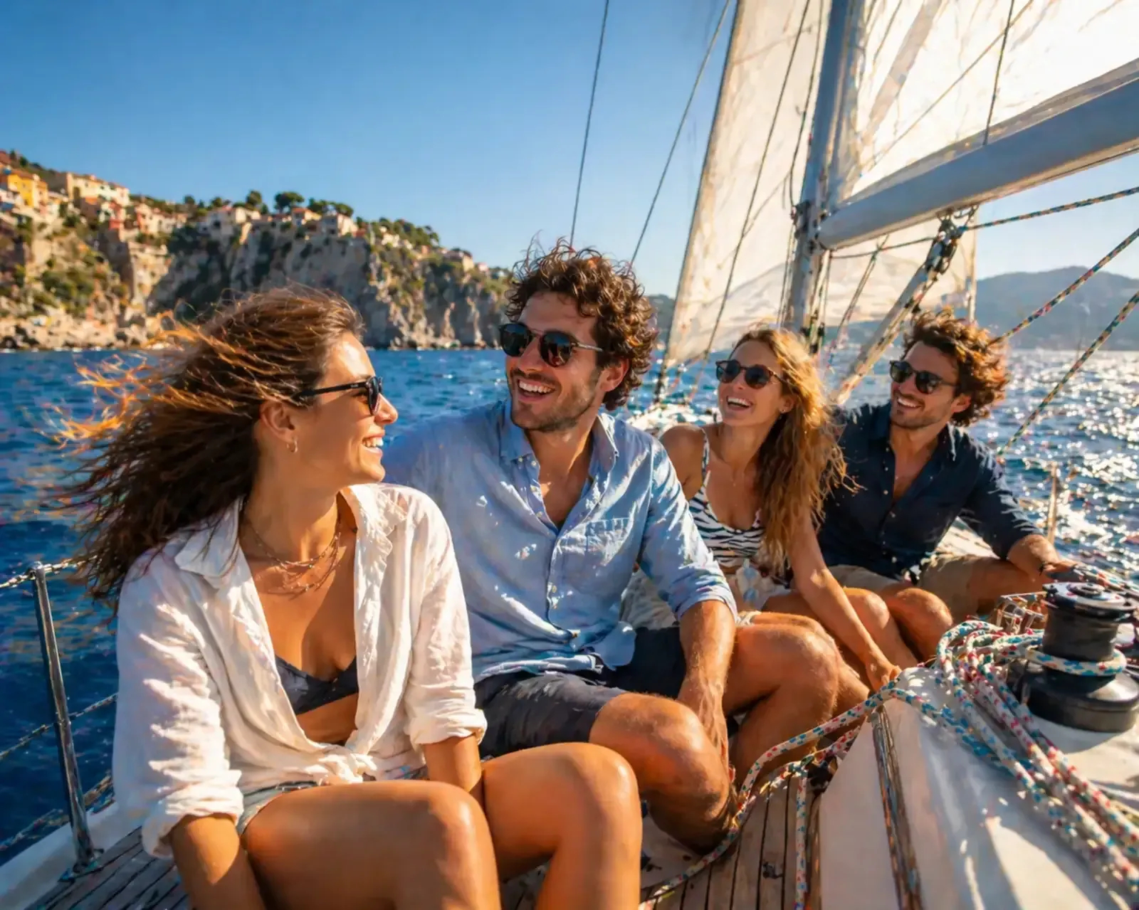 Cuatro amigos sonriendo en un velero bajo un sol radiante, con el mar azul y la costa rocosa de fondo.