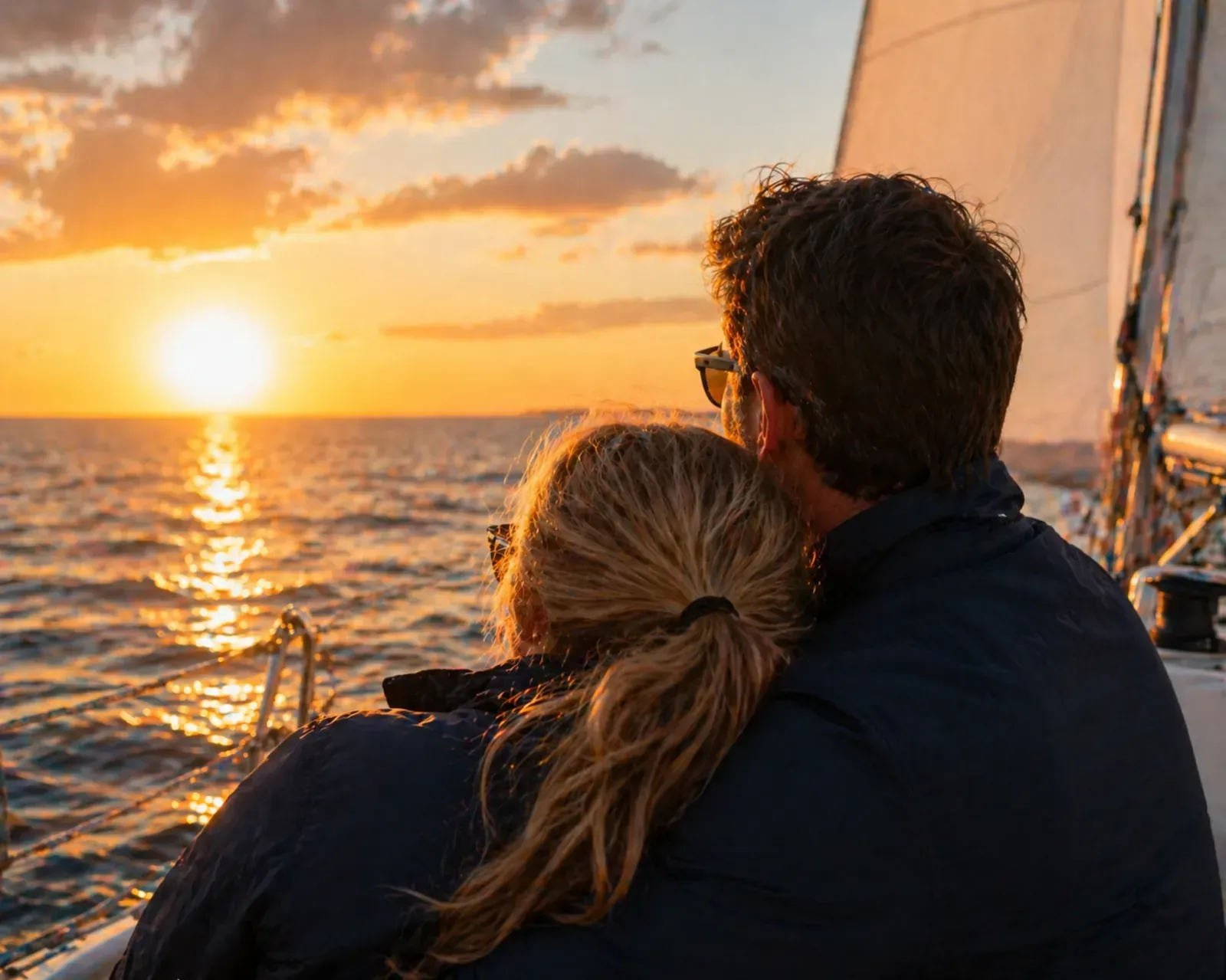 Dos personas están sentadas en un velero contemplando una puesta de sol dorada sobre el océano.