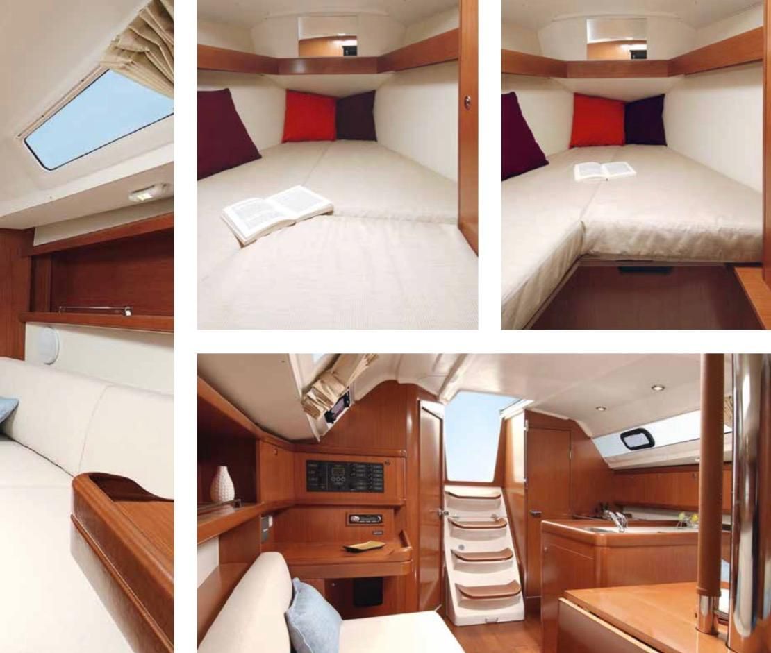 Collage de una pequeña cabina de velero con litera, claraboya, revestimiento de madera y zona de estar compacta.