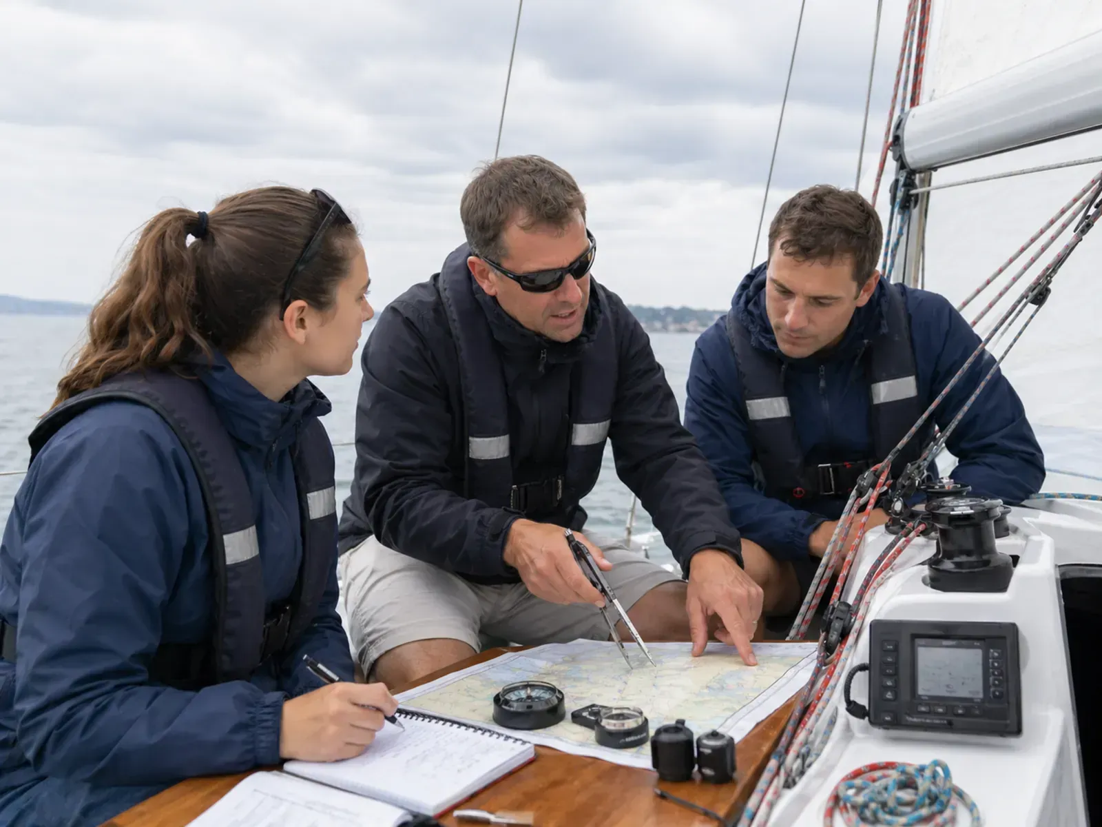Tres marineros con chaquetas azules discutiendo un mapa a bordo de un velero en alta mar.