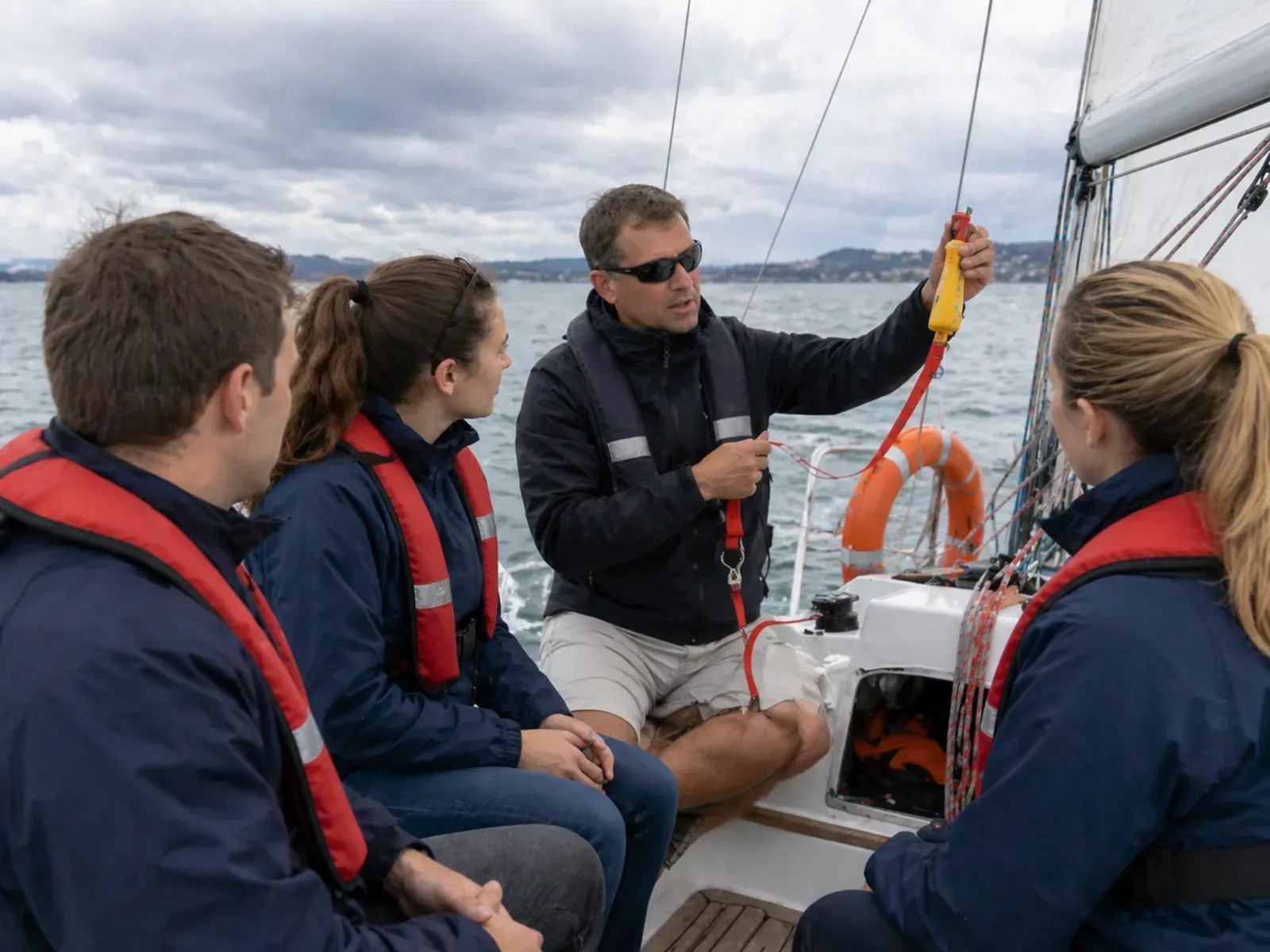 Cuatro marineros con chalecos salvavidas rojos escuchan a un hombre que les muestra el equipo que utilizan en un velero en alta mar.