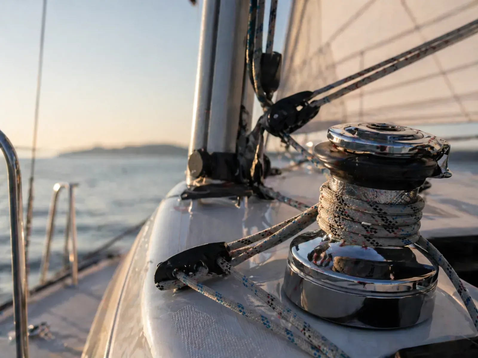 Cubierta de velero con cabrestante y aparejo al atardecer en aguas tranquilas.