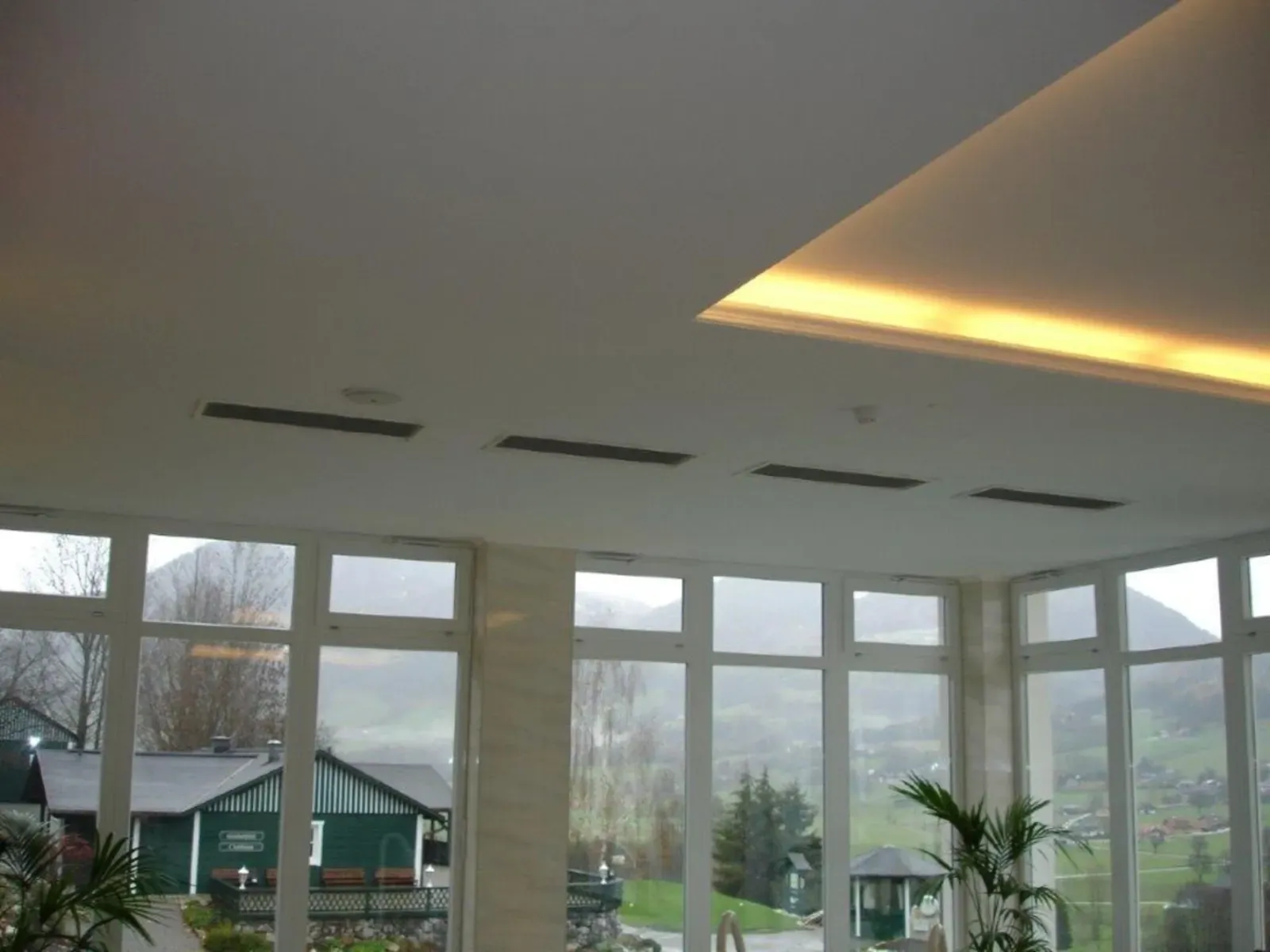 Modernes Zimmer mit großen Fenstern, weißer Decke und Topfpflanzen mit Blick auf einen Garten