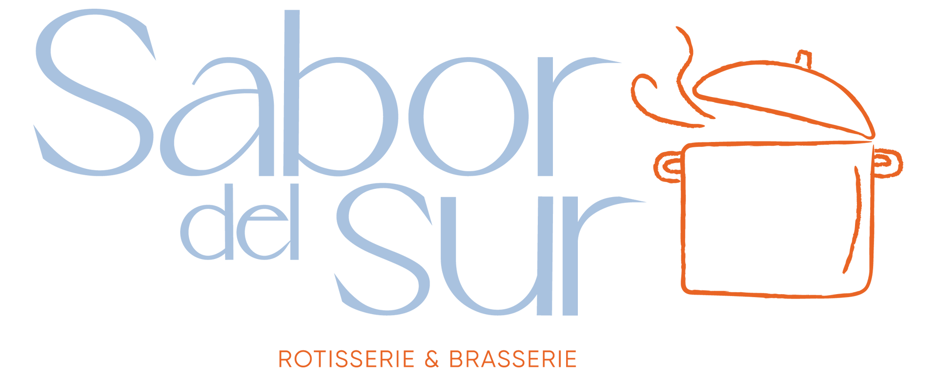 Logotipo del restaurante Sabor del Sur con texto y una olla estilizada con vapor.
