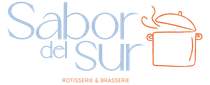 Logotipo del restaurante Sabor del Sur con texto y una olla estilizada con vapor.