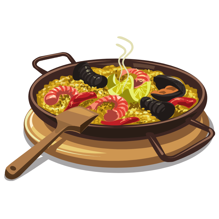 Paella con marisco, arroz y verduras sobre un soporte de madera, con una espátula de madera.