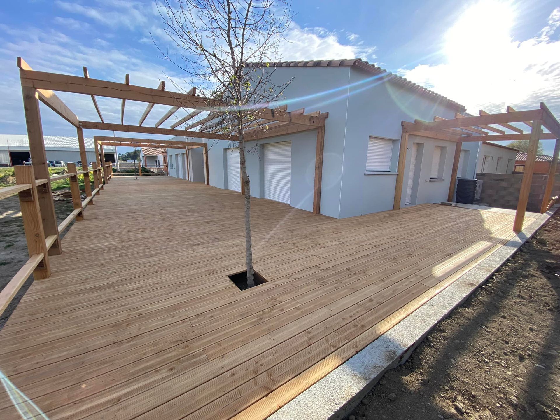 Terrasse en bois avec pergola jouxtant un bâtiment bleu clair ; un arbre pousse à travers la terrasse.