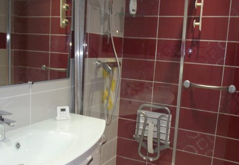 Une salle de bains avec du carrelage rouge