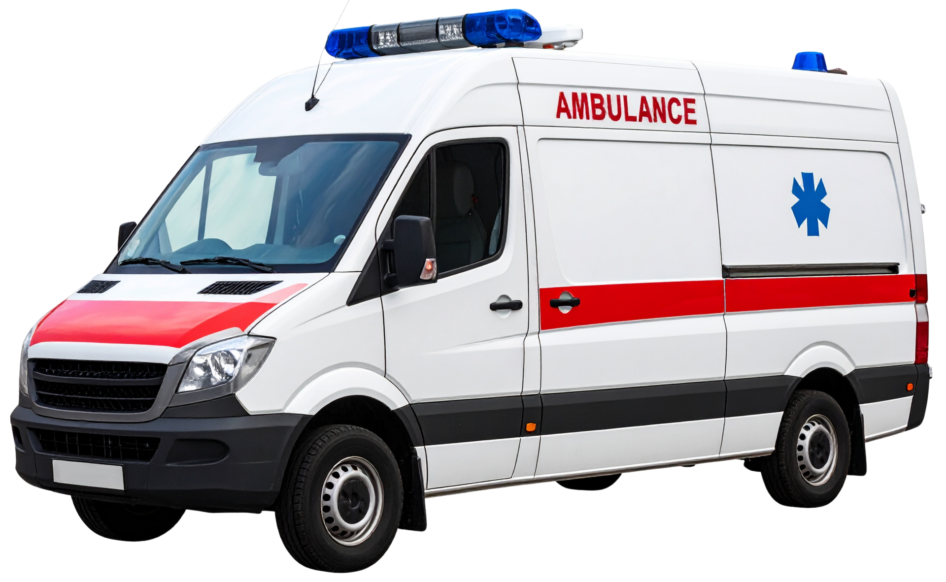 Ambulance blanche avec des touches de rouge et de bleu et des gyrophares.