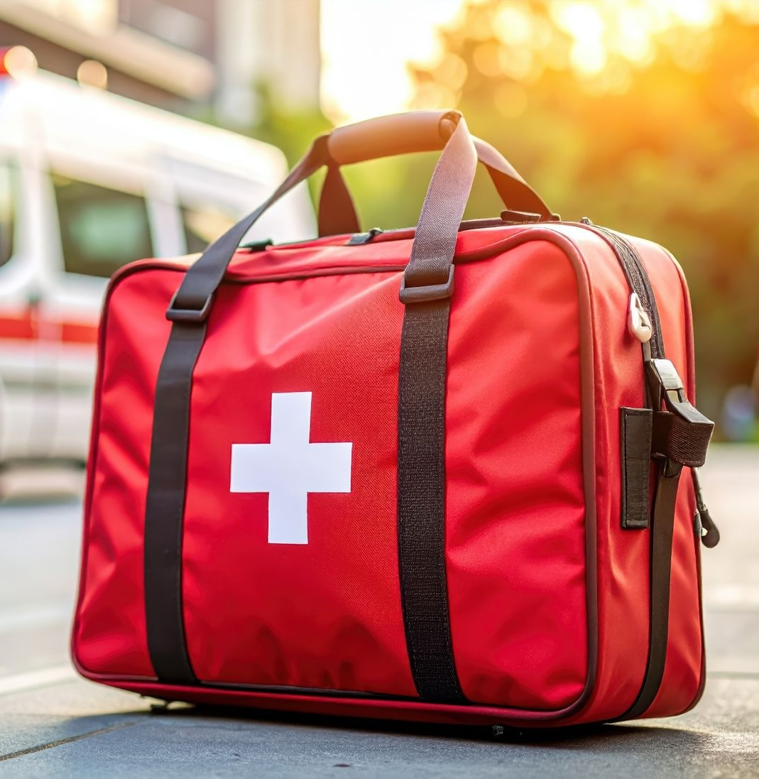 Trousse de premiers secours rouge avec croix blanche.